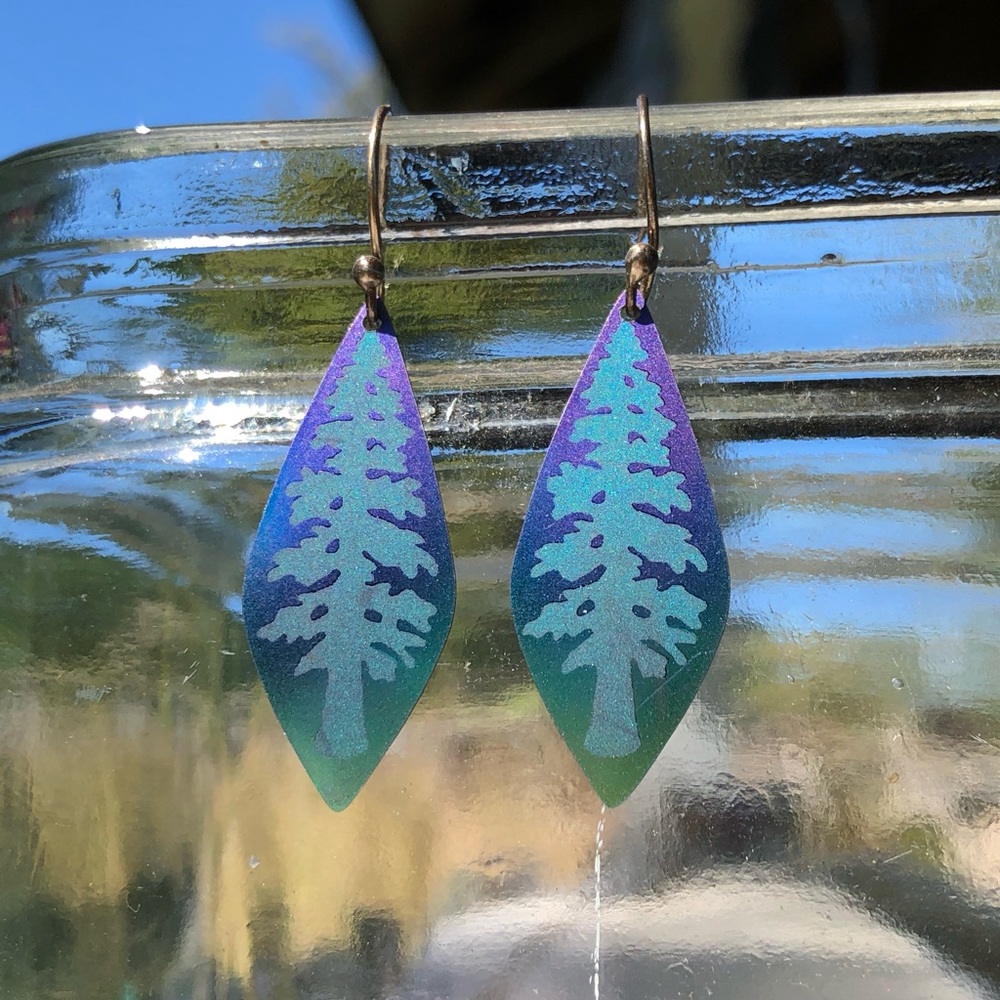 NWOT Sea glass Earrings Etched with Trees